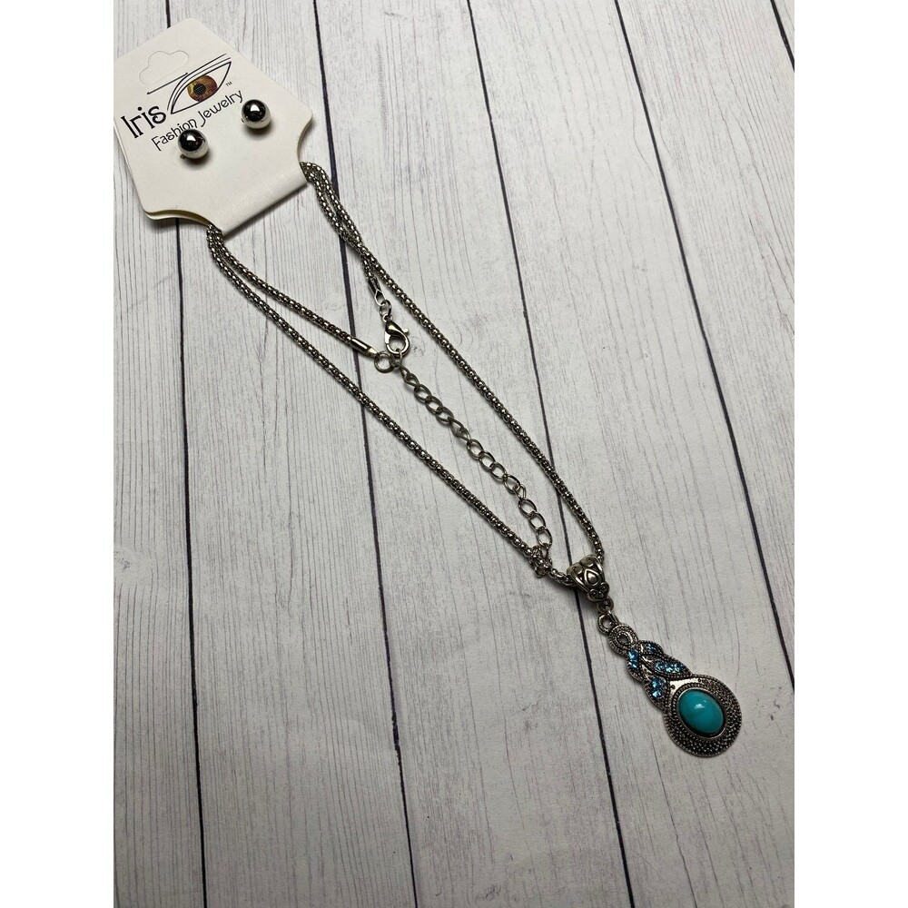 Iris Fashion Jewelry Necklace and Earrings Set Silver Blue Turquoise Style